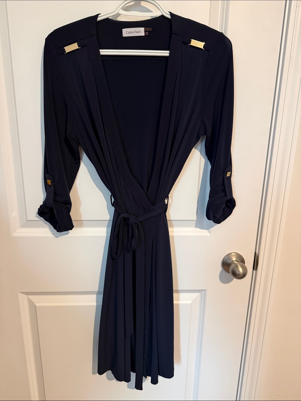 Calvin Klein Navy Blue Wrap Dress with Gold Accents